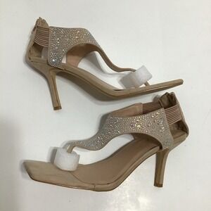ROUGE‎ Women's Embellished Rhinestone Thong Sandals Heels Beige Size 10
